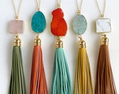 Tassel Necklace. Leather Tassel Necklace. Turquoise Orange Aqua Tassel Necklace. Long Tassel Necklace. Boho Tassel Jewelry.