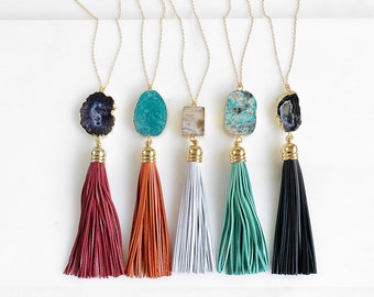 Leather Tassel Necklace. Burgundy White Orange Aqua Black Necklace. Crystal Stone Necklace. Boho Tassel Jewelry