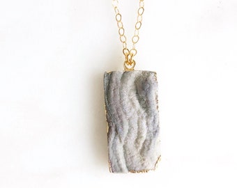 Grey Druzy Rectangle Necklace in Gold. Druzy Necklace