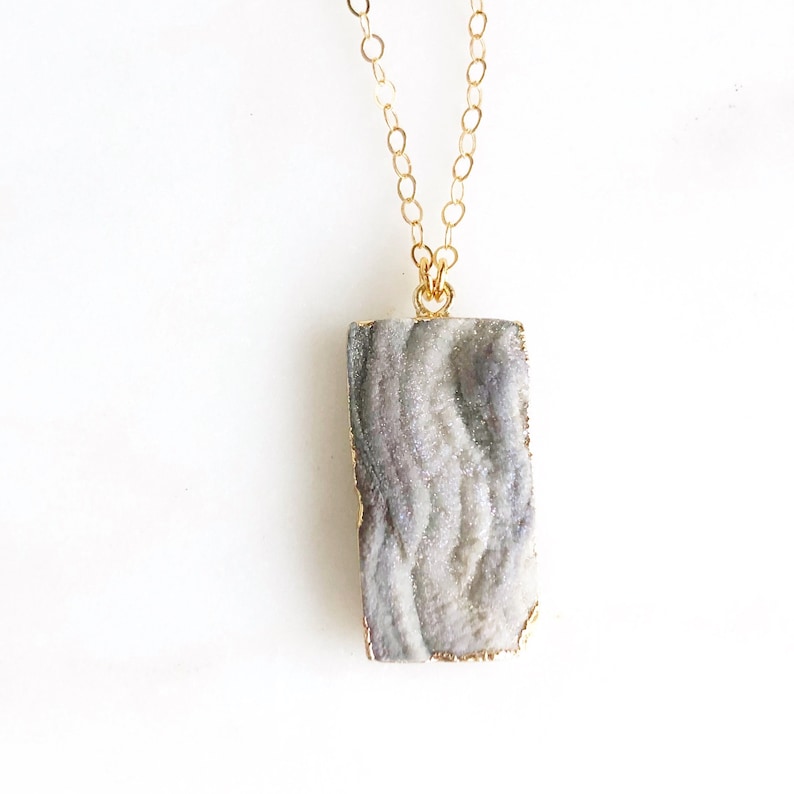 Grey Druzy Rectangle Necklace in Gold. Druzy Necklace image 1