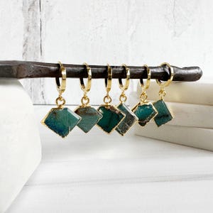 Unakite Stone Huggie Earrings: Gold Plated Green Stone Dangle (Sold Individually)