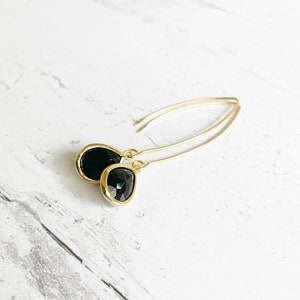 Black Stone Drop Earrings in Gold. Simple Gold Dangle Earrings. Party Jewelry. Stocking Stuffers. Drop Earrings image 4