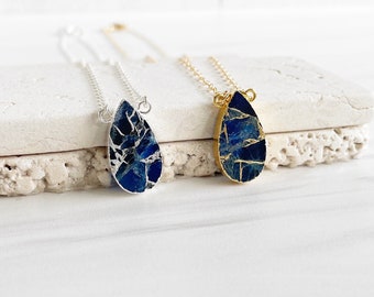 Sapphire Mojave Teardrop Gemstone Slice Necklace in Gold and Silver. Simple Stone Pendant Layering Necklace