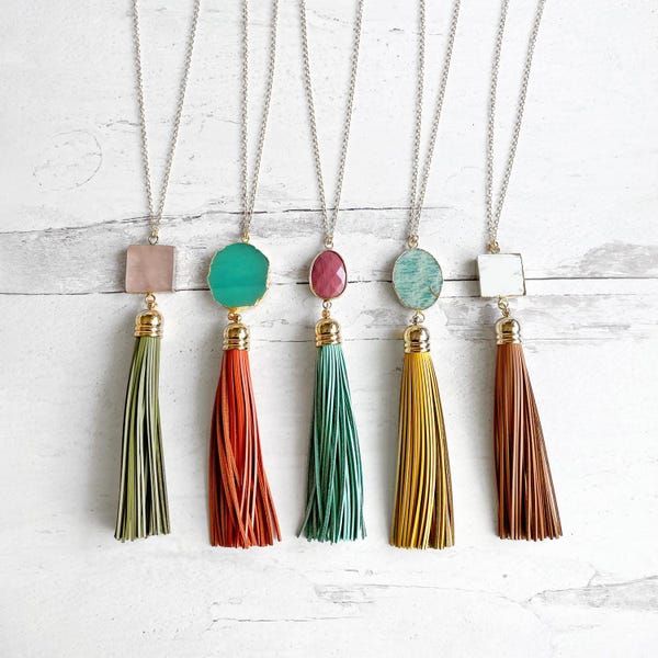 Long Leather Tassel Necklace: Boho Gemstone Pendant, 14k Gold Filled Chain