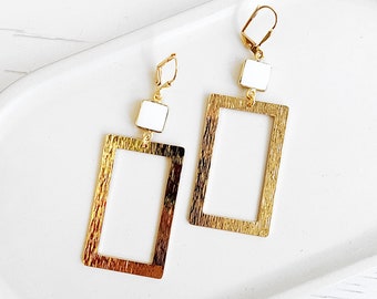 Rectangle Earrings | White Agate Earrings | Brushed Gold Earrings | Statement Jewelry | Geometric Earrings | Rectangle Dangle Earrings