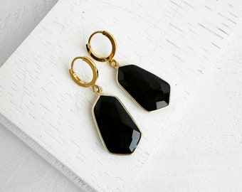 Black Onyx Earrings | Gold Drop Earrings | Gold Plated Huggies | Simple Gemstone Earrings | Jewelry Gift for Her