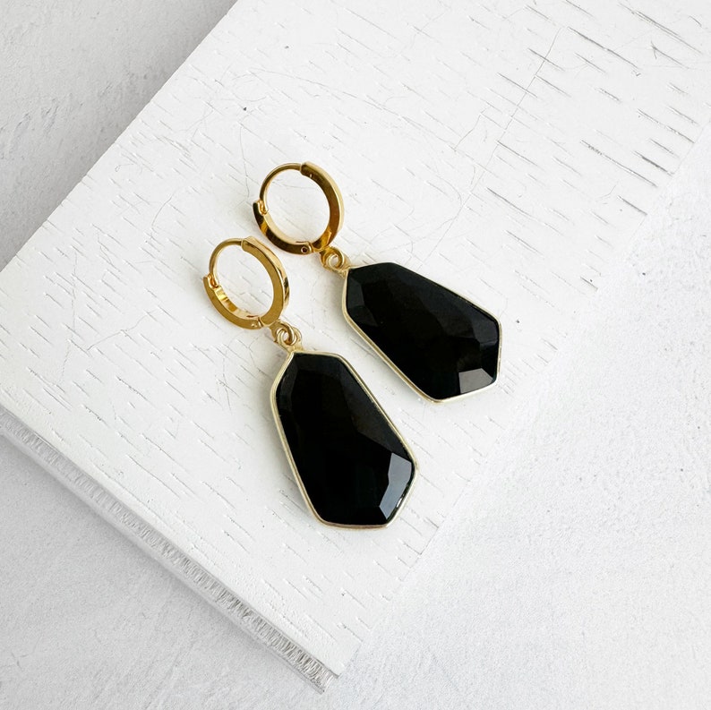 Black Onyx Earrings Gold Drop Earrings Gold Plated Huggies Simple Gemstone Earrings Jewelry Gift for Her image 1