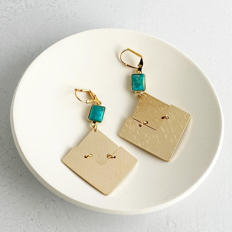 Diamond Pendant Earrings Turquoise Earrings Brushed Gold Earrings Statement Jewelry Geometric Earrings Rhombus Dangle Earrings image 3