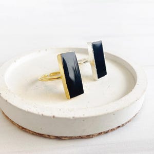 Black Onyx Rectangle Ring: Gold & Silver Plated Adjustable Band