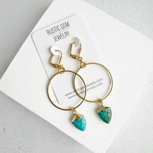 Hoop Dangle Earrings Turquoise Shield Stones Gold Hoop Earrings Statement Gemstone Earrings Jewelry Gift image 2