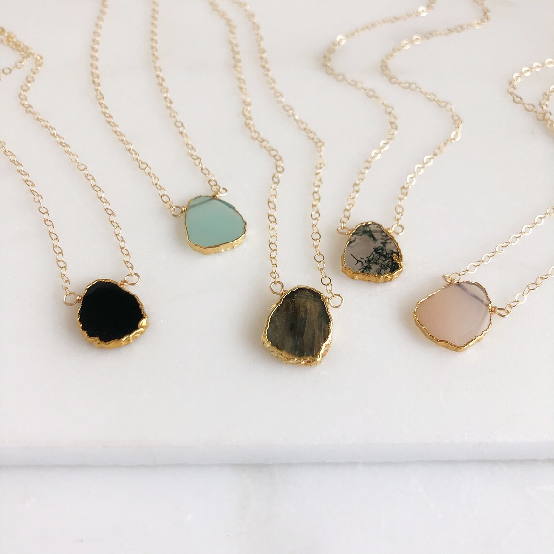 Gemstone Slice Necklaces in Gold. Layering Necklace. Aqua | Etsy