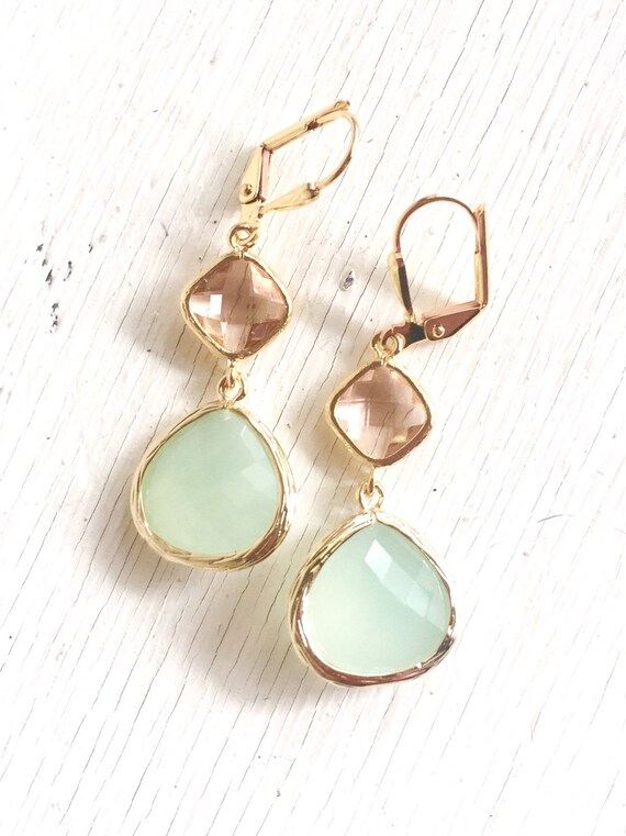 Light Mint Dangle Earrings with Champagne. Bridesmaid Earrings Etsy
