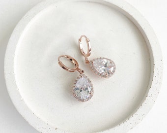Dainty Rose Gold Bridal Huggie Earrings with Cubic Zirconia. Rose Gold Bridesmaid Drop Earrings. Rose Gold Diamond Drop Earrings