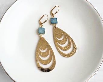 Blue Druzy Cutout Teardrop Earrings in Brushed Gold