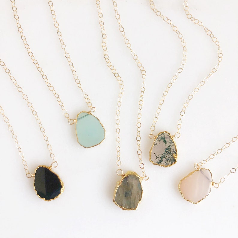 Gemstone Slice Necklaces in Gold. Layering Necklace. Aqua - Etsy