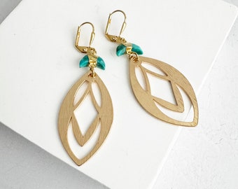 Celtic Dangle Earrings | Turquoise Crescent Earrings | Brushed Gold Earrings | Statement Jewelry | Marquise Cutout Earrings | Leaf Earrings