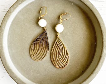 White Agate Teardrop Earrings: Brushed Brass Gold Statement Earrings