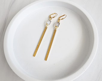 Long Delicate Stick Earrings with Rudilated Quarts Stone in Brushed Brass Gold. Simple Drop Earrings. Gold Statement Earrings