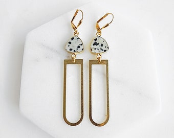 Dalmatian Jasper Arch Dangle Earrings in Brushed Brass Gold. Statement Earrings. Geometric Earrings. Unique Gemstone Earrings