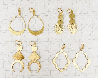 Geometric Brushed Brass Statement Earrings in Gold. Brass Gold Unique Shape Earrings
