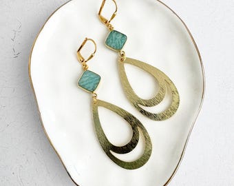 Pendientes de lágrima de amazonita: pendientes colgantes bohemios de oro cepillado