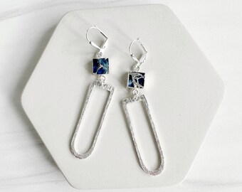 Sapphire Blue Mojave Earrings with Horseshoe Pendants in Brushed Silver. Arch Dangle Earrings. Geometric Gemstone Earrings