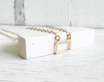 Open Rectangle Charm Necklace in 14k Gold Filled Chain. Simple Gold Layering Necklace