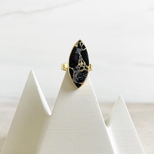 Black Mojave Howlite Ring: Gold Adjustable Marquise Statement Ring