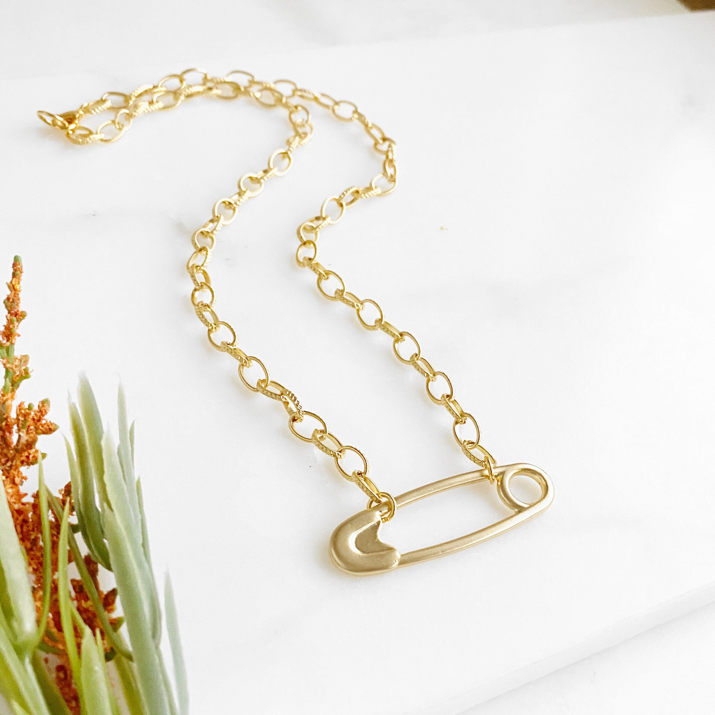 Chunky Gold Safety Pin Necklace 