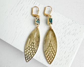 Pendientes marquesa de Mojave verde azulado: joyas llamativas colgantes de oro cepillado