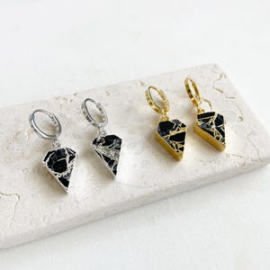 Black Mojave Diamond Shield Huggie Earrings: Gold & Silver Gemstone Drops