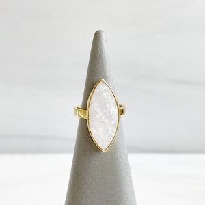 White Druzy Marquise Statement Ring in Gold. Crystal Stone Cocktail Ring. Gold Gemstone Ring