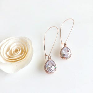 Simple Rose Gold Bridal Drop Earrings. Cubic Zirconia Drops. Elegant Dangle Earrings