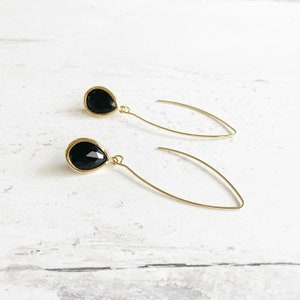 Black Stone Drop Earrings in Gold. Simple Gold Dangle Earrings. Party Jewelry. Stocking Stuffers. Drop Earrings image 3