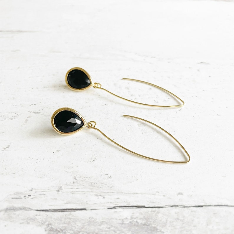 Black Stone Drop Earrings in Gold. Simple Gold Dangle Earrings. Party Jewelry. Stocking Stuffers. Drop Earrings image 3