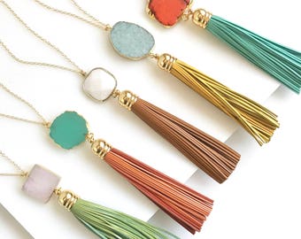 Tassel Necklace. Leather Tassel Necklace. Turquoise Orange Aqua Tassel Necklace. Long Tassel Necklace. Boho Tassel Jewelry.