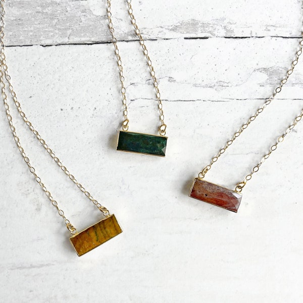 Jasper Bar Necklace in Gold. Simple Gemstone Bar Necklace in Earth Natural Colors. Gold Bar Layering Necklace