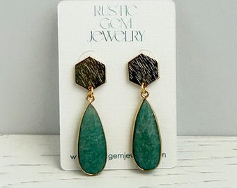Amazonite Teardrop and Hexagon Post Earrings in Brushed Gold
