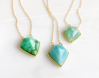 Stone Shield Pendant Necklace: 14k Gold Filled Chain, Layering Necklace