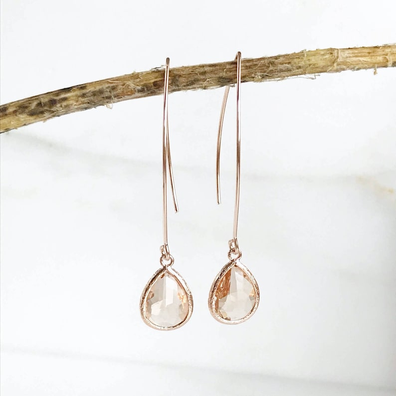 Rose Gold and Champagne Drop Earrings. Bridesmaid Gift. Rose Gold Drop Earrings. Wedding Jewelry. Simple Earrings. Dangle Earrings. Gift. image 2