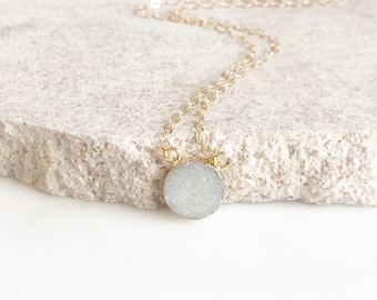 White Grey Druzy Circle Necklace in Gold. Dainty Druzy Pedant Necklace