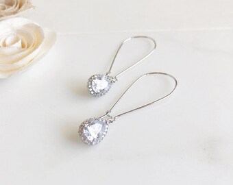 Large Simple Silver Bridal Drop Earrings. Cubic Zirconia Drops. Dangle Earrings.