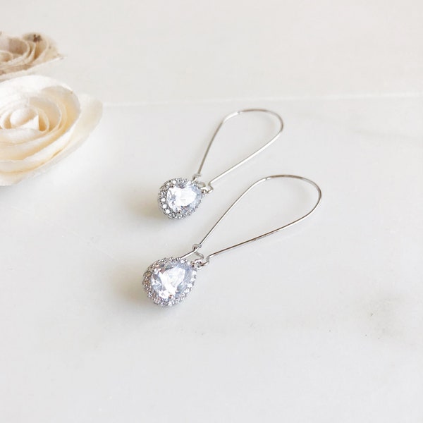 Large Simple Silver Bridal Drop Earrings. Cubic Zirconia Drops. Dangle Earrings.