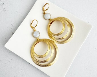 Multiple Hoop Earrings | Moonstone Earrings | Brushed Gold | Statement Hoop Earrings | Jewelry Gift