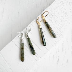 Long Labradorite Drop Earrings: Gold & Silver Gemstone Sticks