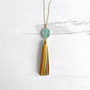 Tassel Necklace. Leather Tassel Necklace. Turquoise Orange Aqua Tassel ...