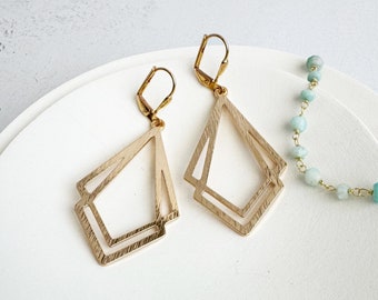 Double Kite Earrings | Geometric Earrings | Brushed Gold | Statement Jewelry | Art Deco Earrings | Modern Earrings