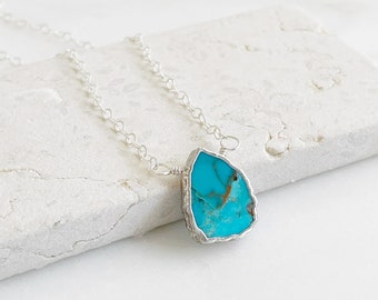 Dainty Turquoise Gemstone Slice Necklace in Sterling Silver. Turquoise Jewelry. Simple Silver Gemstone Layering Necklace