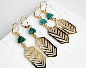 Chevron Drop Earrings | Green Mojave Earrings | Brass Gold Earrings | Statement Jewelry | Geometric Dangle Earrings | Art Deco Earrings