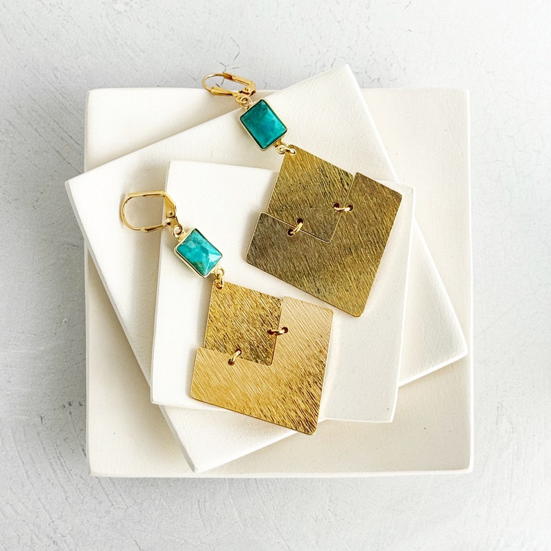 Diamond Pendant Earrings Turquoise Earrings Brushed Gold Earrings Statement Jewelry Geometric Earrings Rhombus Dangle Earrings image 1